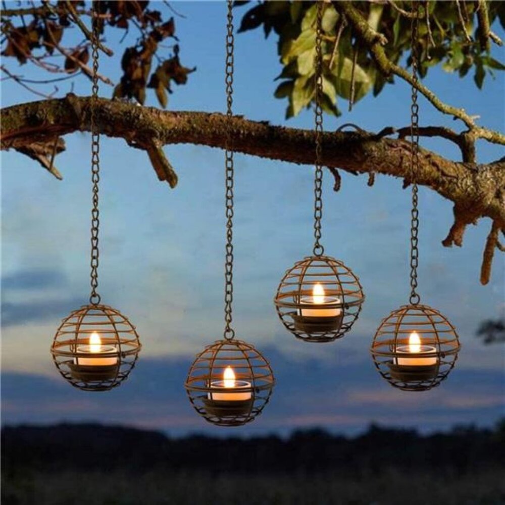 Solar Hanging Lanterns Outdoor Waterproof Rust Iron Candle Lights Patio Garden